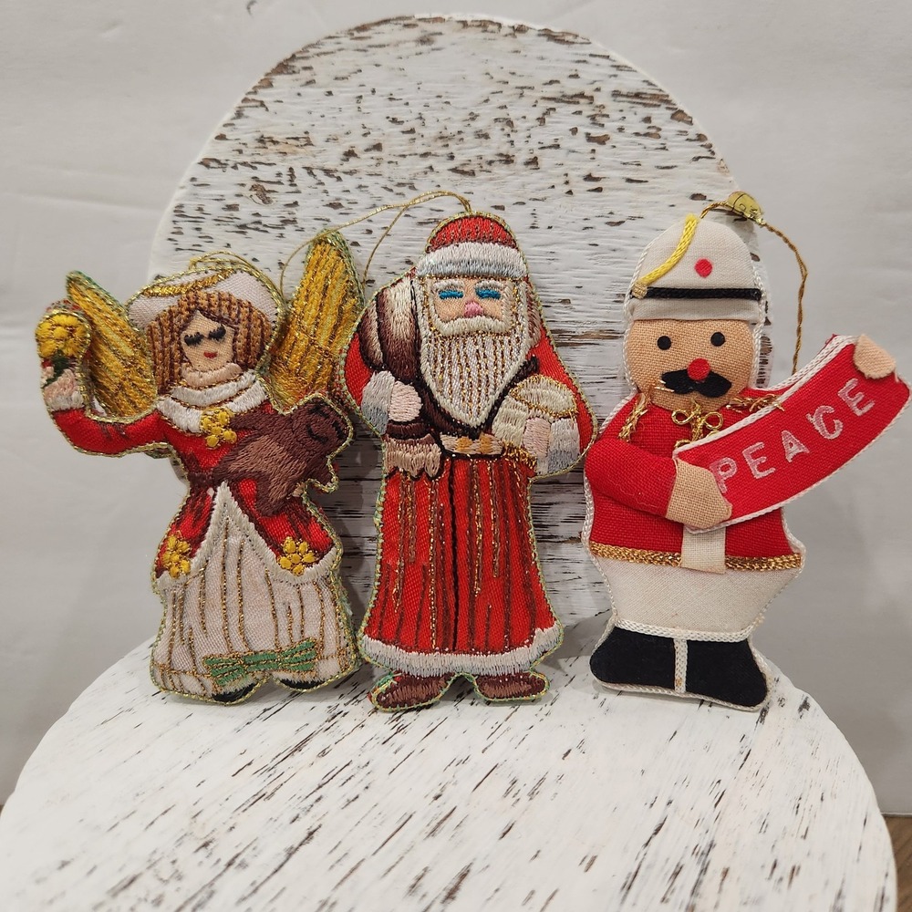 Lot of 3 VTG Embroidered Silk Fabric Christmas Ornaments Angel Santa Soldier